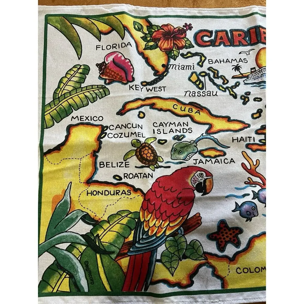 Caribbean Map Souvenir Tea Towel 100% Cotton Tropical Islands Parrot Dolphins